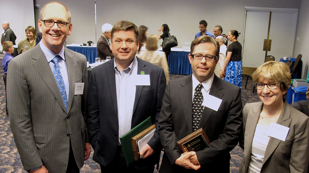 (L-R) Fraser Brenneis, vice-dean of education; Jonathan White, Rutherford Award and 3M Teaching Fellowship winner; Ron Damant, Rutherford Award winner; Barbara Ballerman, chair of the Department of Medicine
