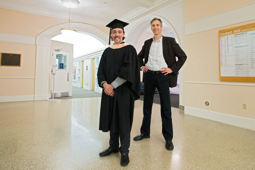Callum Lavoie with his graduate supervisor, physical therapy professor Doug Gross, in Corbett Hall.